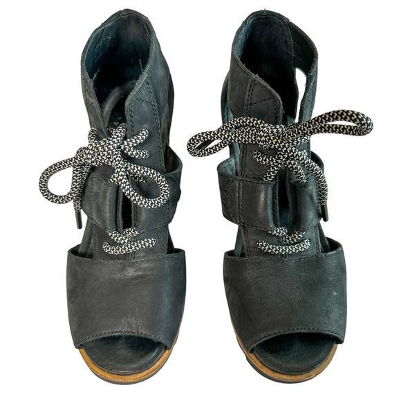Sorel Joanie Lace Up Wedge Heel Open Toe Leather Canvas Lug Sole Sandal Black 7 - Picture 2 of 9